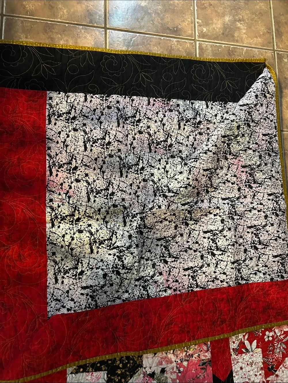 ONE IF A KIND - HANDCRAFTED Floral  Quilt - Red, Black, Pink and White.